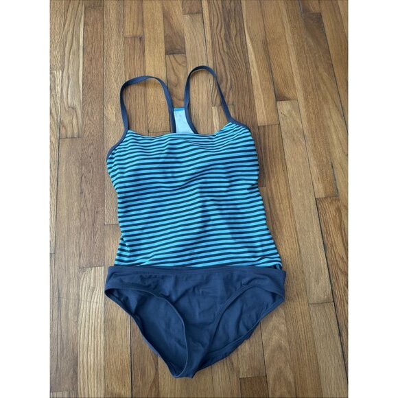 Nike Swimsuit Women’s 2pc Tankini Navy Blue Teal Striped Size L - Picture 2 of 4